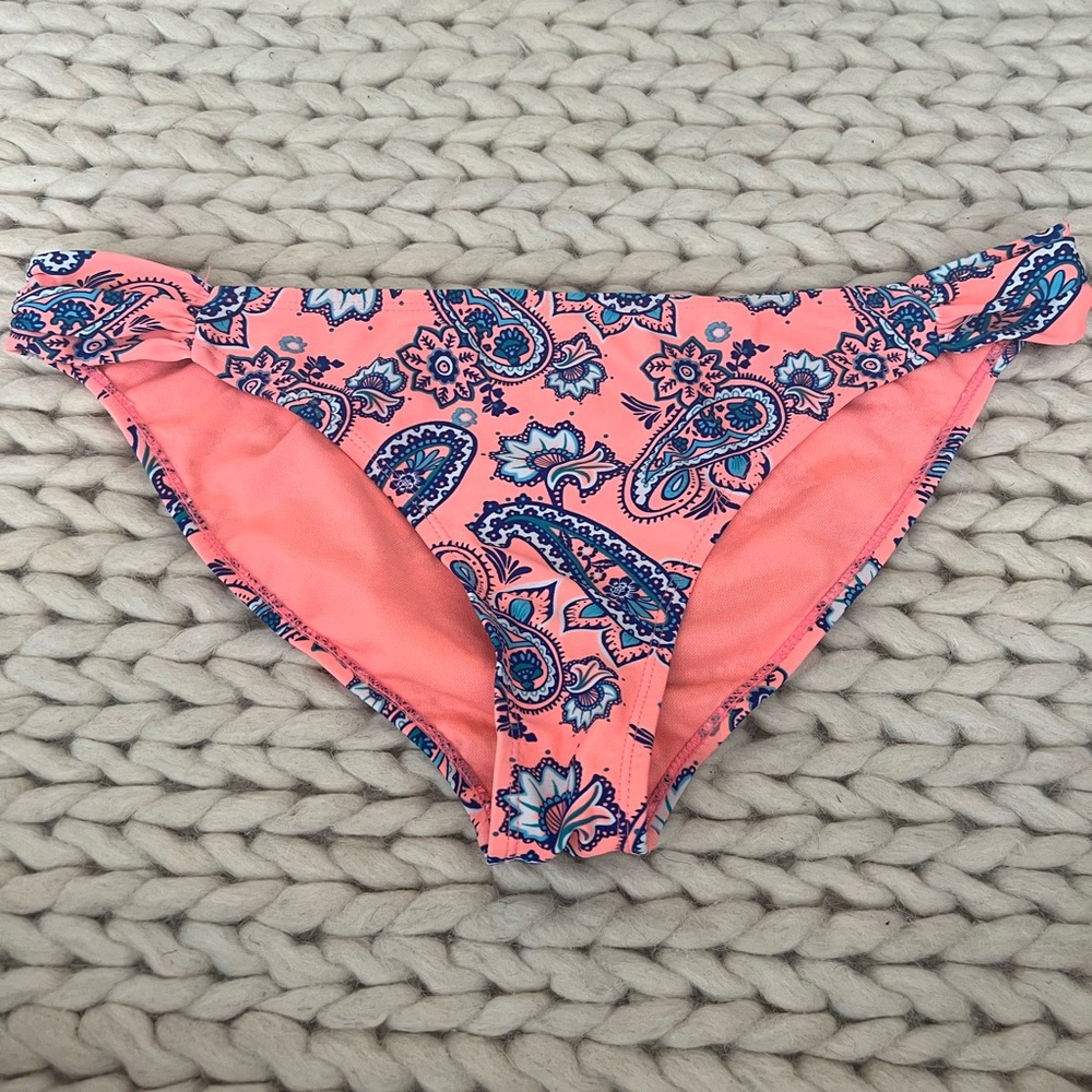 Charlotte Russe Coral Pink Bikini Bottoms with Blue Paisley Trim